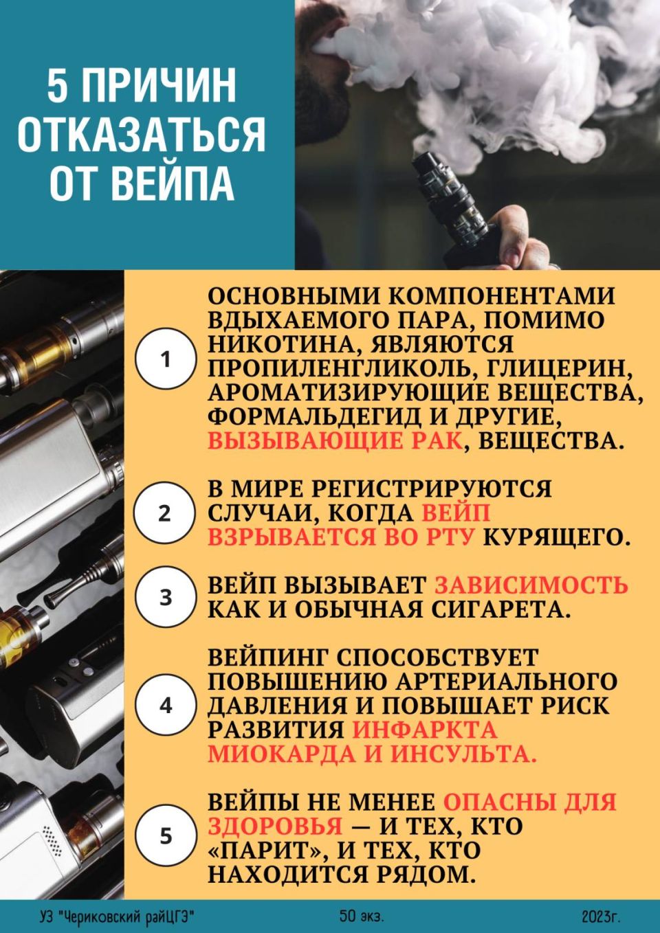 С 15 мая по 31 мая 2023 года на территории Чериковского района пройдет информационно — образовательная акция «Дыши свободно, без табака», «Откажись от Вейпа»